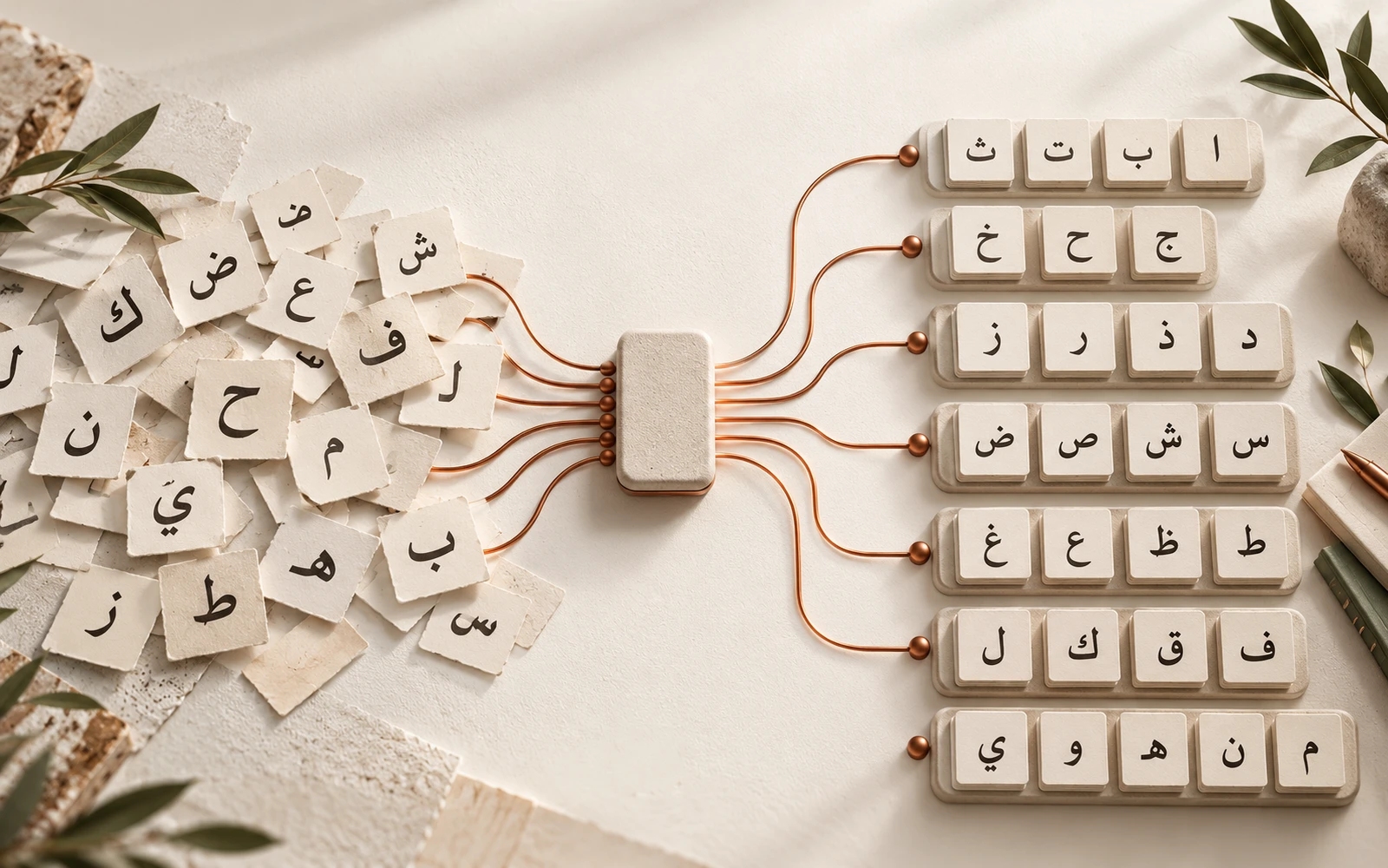Arabic letter tokens organized along copper paths — conceptual illustration