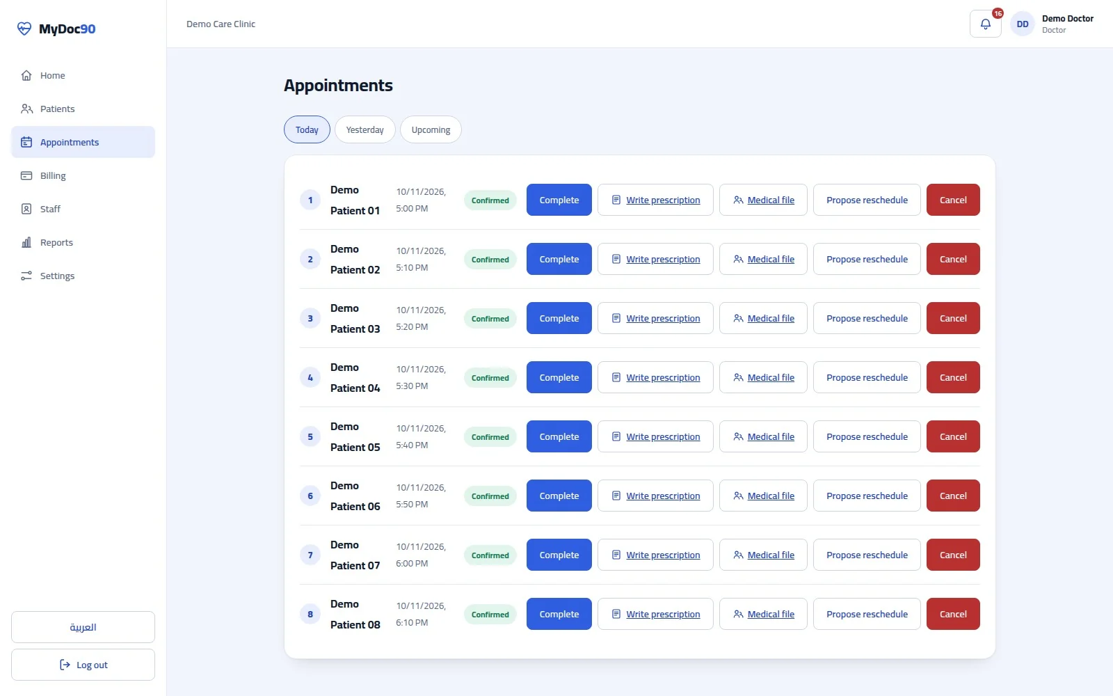 MyDoc90 appointment queue with fictional patients in the local demo.